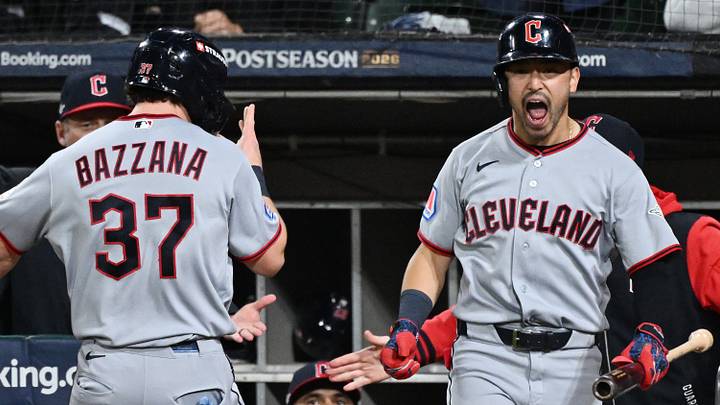 Oct 8, 2026; Chicago, Illinois, USA; Cleveland Guardians center fielder Steven Kwan (38) celebrates with second baseman Travis Bazzana (37) after Bazzana scored during the sixth inning against the Chicago White Sox in game four of the ALDS for the 2026 MLB Playoffs at Rate Field. Mandatory Credit: Matt Marton-Imagn Images Oct 8, 2026; Chicago, Illinois, USA; Cleveland Guardians center fielder Steven Kwan (38) celebrates with second baseman Travis Bazzana (37) after Bazzana scored during the sixth inning against the Chicago White Sox in game four of the ALDS for the 2026 MLB Playoffs at Rate Field. Mandatory Credit: Matt Marton-Imagn Images
