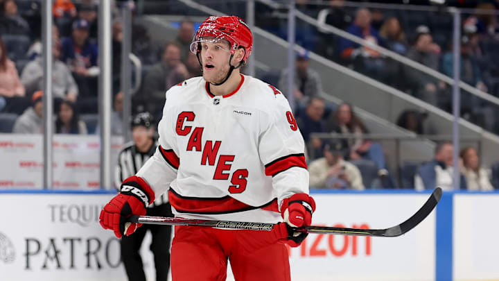 Jan 25, 2025; Elmont, New York, USA; Carolina Hurricanes right wing Mikko Rantanen (96) skates against the New York Islanders during the first period at UBS Arena. Mandatory Credit: Brad Penner-Imagn Images
