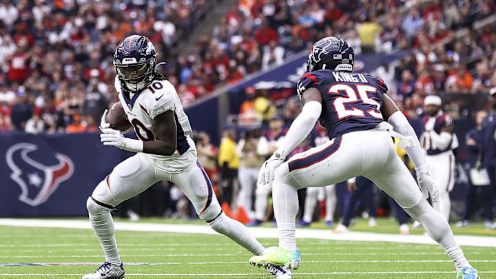 Dec 3, 2023; Houston, Texas, USA; Denver Broncos wide receiver Jerry Jeudy (10) runs with the ball