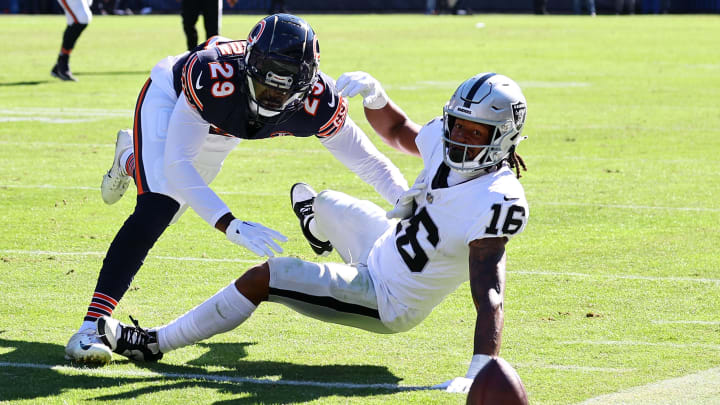 Tyrique Stevenson breaks up a throw intended for Jakobi Meyers in the Bears' win over the Raiders last season. Tyrique Stevenson breaks up a throw intended for Jakobi Meyers in the Bears' win over the Raiders last season.