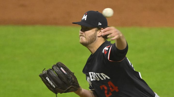 Minnesota Twins starting pitcher Cole Irvin (24) delivers a pitch in the fifth inning against the Cleveland Guardians at Progressive Field on Sept 17.