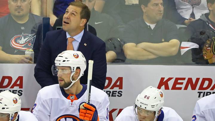 Oct 6, 2017; Columbus, OH, USA; New York Islanders head coach Doug Weight against the Columbus Blue Jackets at Nationwide Arena. Mandatory Credit: Aaron Doster-USA TODAY Sports