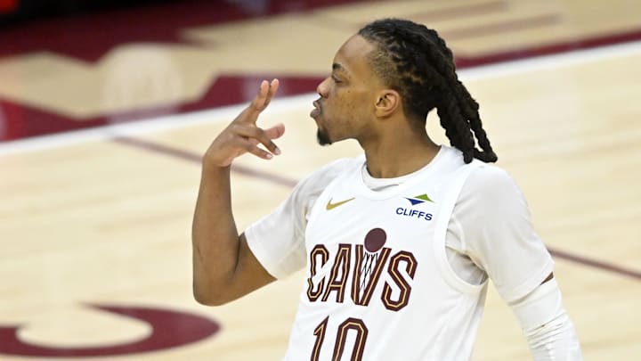 Apr 20, 2025; Cleveland, Ohio, USA; Cleveland Cavaliers guard Darius Garland (10) celebrates after making a three-point basket in the fourth quarter at Rocket Arena. Mandatory Credit: David Richard-Imagn Images