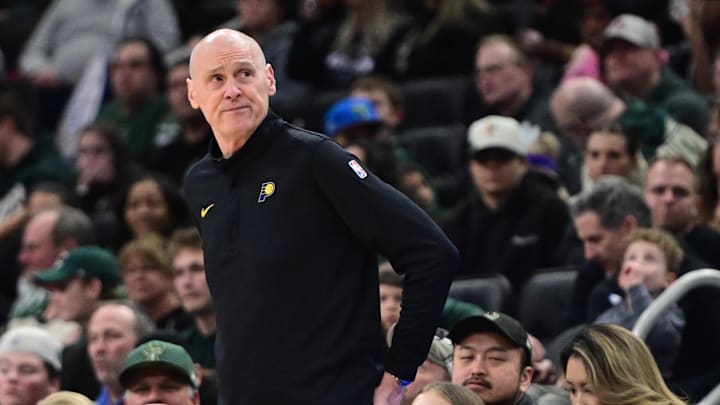 Feb 6, 2026; Milwaukee, Wisconsin, USA; Indiana Pacers head coach Rick Carlisle looks on in the second quarter against the Milwaukee Bucks at Fiserv Forum. Mandatory Credit: Benny Sieu-Imagn Images
