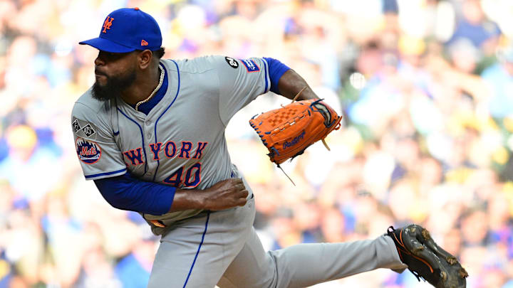 Oct 1, 2024; Milwaukee, Wisconsin, USA; New York Mets pitcher Luis Severino (40) throws a pitch during the first inning in game one of the Wildcard round for the 2024 MLB Playoffs at American Family Field. Mandatory Credit: Benny Sieu-Imagn Images Oct 1, 2024; Milwaukee, Wisconsin, USA; New York Mets pitcher Luis Severino (40) throws a pitch during the first inning in game one of the Wildcard round for the 2024 MLB Playoffs at American Family Field. Mandatory Credit: Benny Sieu-Imagn Images