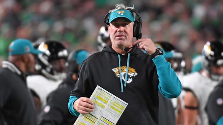 Nov 3, 2024; Philadelphia, Pennsylvania, USA; Jacksonville Jaguars head coach Doug Pederson on the sidelines against the Philadelphia Eagles at Lincoln Financial Field. Mandatory Credit: Eric Hartline-Imagn Images