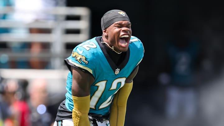 Sep 21, 2025; Jacksonville, Florida, USA; Jacksonville Jaguars wide receiver Travis Hunter (12) enters the field before the game against the Houston Texans at EverBank Stadium. Mandatory Credit: Morgan Tencza-Imagn Images