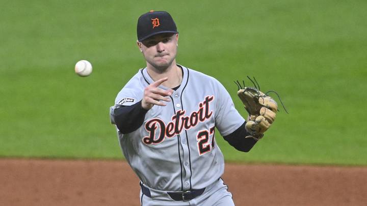 Sep 23, 2025; Cleveland, Ohio, USA; Detroit Tigers shortstop Trey Sweeney (27) throws to first in the third inning against the Cleveland Guardians at Progressive Field. Mandatory Credit: David Richard-Imagn Images