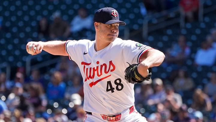 May 3, 2026; Minneapolis, Minnesota, USA; Minnesota Twins relief pitcher Justin Topa (48) throws to the Toronto Blue Jays in the ninth inning at Target Field. Mandatory Credit: Bruce Kluckhohn-Imagn Images