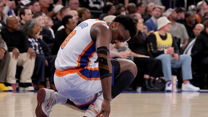 Feb 1, 2025; New York, New York, USA; New York Knicks forward OG Anunoby (8) reacts during the second quarter against the Los Angeles Lakers at Madison Square Garden. Mandatory Credit: Brad Penner-Imagn Images Feb 1, 2025; New York, New York, USA; New York Knicks forward OG Anunoby (8) reacts during the second quarter against the Los Angeles Lakers at Madison Square Garden. Mandatory Credit: Brad Penner-Imagn Images
