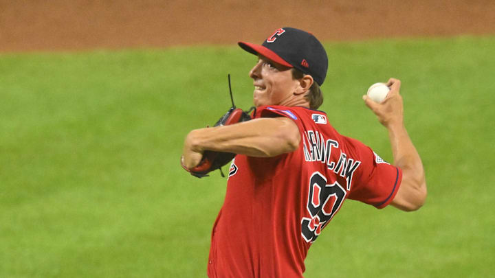 Cleveland Guardians relief pitcher James Karinchak (99) delivers a pitch in the ninth inning against the Detroit Tigers at Progressive Field in 2023.