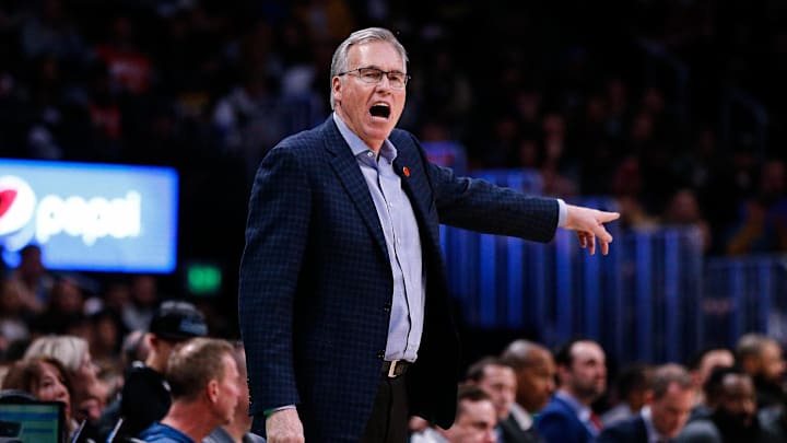 Jan 26, 2020; Denver, Colorado, USA; Houston Rockets head coach Mike D'Antoni reacts in the second quarter against the Denver Nuggets at the Pepsi Center. Mandatory Credit: Isaiah J. Downing-Imagn Images