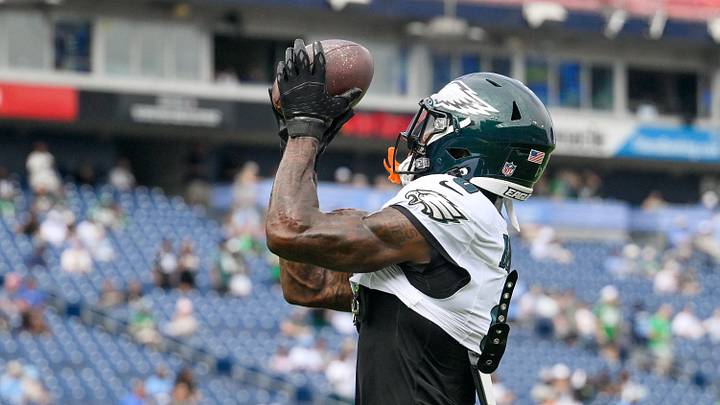 Sep 20, 2026; Nashville, Tennessee, USA; Philadelphia Eagles wide receiver Hollywood Brown (0) makes a catch during pre-game warmups against the Tennessee Titans at Nissan Stadium. Mandatory Credit: Steve Roberts-Imagn Images Sep 20, 2026; Nashville, Tennessee, USA; Philadelphia Eagles wide receiver Hollywood Brown (0) makes a catch during pre-game warmups against the Tennessee Titans at Nissan Stadium. Mandatory Credit: Steve Roberts-Imagn Images