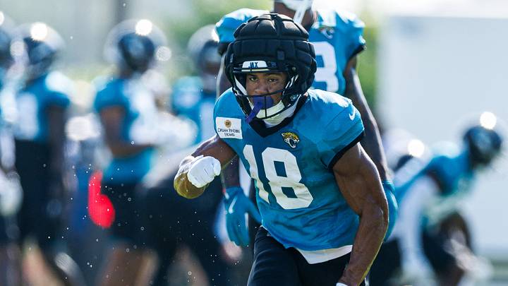 Aug 13, 2026; Metairie, LA, USA; Jacksonville Jaguars wide receiver C.J. Williams (18) against the New Orleans Saints during a joint scrimmage during at Ochsner Sports Performance Center. Mandatory Credit: Stephen Lew-Imagn Images Aug 13, 2026; Metairie, LA, USA; Jacksonville Jaguars wide receiver C.J. Williams (18) against the New Orleans Saints during a joint scrimmage during at Ochsner Sports Performance Center. Mandatory Credit: Stephen Lew-Imagn Images