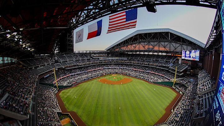 May 12, 2025; Arlington, Texas, USA; A view of Globe Life Field from centerfield during a game between the Texas Rangers and the Colorado Rockies. Mandatory Credit: Raymond Carlin III-Imagn Images