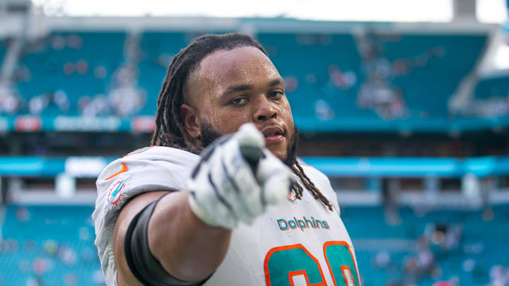 Miami Dolphins offensive tackle Robert Hunt (68) is seen while leaving the field after the end of