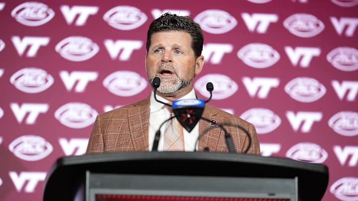 Jul 24, 2025; Charlotte, NC, USA; Virginia Tech head coach Brent Pry answers questions from the media during ACC Media Days at Hilton Charlotte Uptown. Mandatory Credit: Jim Dedmon-Imagn Images Jul 24, 2025; Charlotte, NC, USA; Virginia Tech head coach Brent Pry answers questions from the media during ACC Media Days at Hilton Charlotte Uptown. Mandatory Credit: Jim Dedmon-Imagn Images