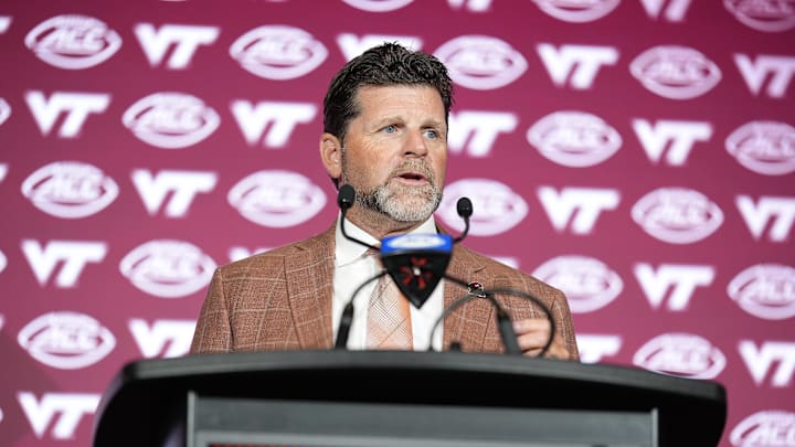 Jul 24, 2025; Virginia Tech head coach Brent Pry answers questions from the media during ACC Media Days in Charlotte, N.C.