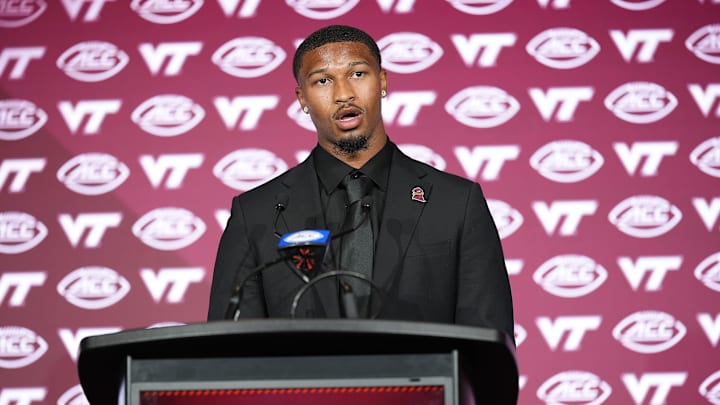 Jul 24, 2025; Charlotte, NC, USA; Virginia Tech quarterback Kyron Drones answers questions from the media during ACC Media Days at Hilton Charlotte Uptown. Mandatory Credit: Jim Dedmon-Imagn Images Jul 24, 2025; Charlotte, NC, USA; Virginia Tech quarterback Kyron Drones answers questions from the media during ACC Media Days at Hilton Charlotte Uptown. Mandatory Credit: Jim Dedmon-Imagn Images
