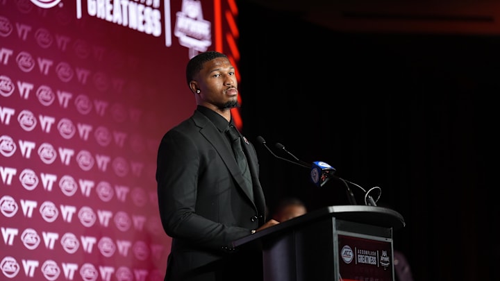 Jul 24, 2025; Virginia Tech quarterback Kyron Drones answers questions from the media during ACC Media Days in Charlotte, N.C. Jul 24, 2025; Virginia Tech quarterback Kyron Drones answers questions from the media during ACC Media Days in Charlotte, N.C.
