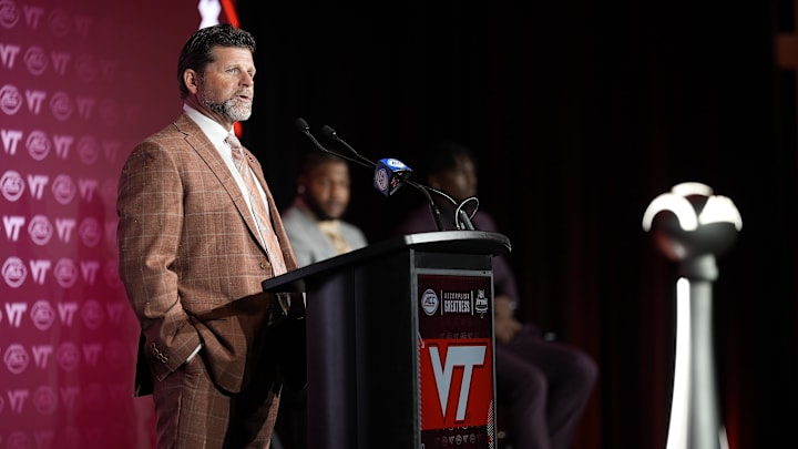 Jul 24, 2025; Charlotte, N.C.; Virginia Tech head coach Brent Pry answers questions from the media during ACC Media Days.