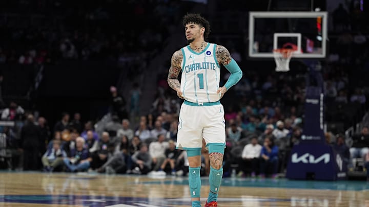 Oct 30, 2025; Charlotte, North Carolina, USA; Charlotte Hornets guard LaMelo Ball (1) during a free throw during the first quarter against the Orlando Magic at Spectrum Center. Mandatory Credit: Jim Dedmon-Imagn Images Oct 30, 2025; Charlotte, North Carolina, USA; Charlotte Hornets guard LaMelo Ball (1) during a free throw during the first quarter against the Orlando Magic at Spectrum Center. Mandatory Credit: Jim Dedmon-Imagn Images
