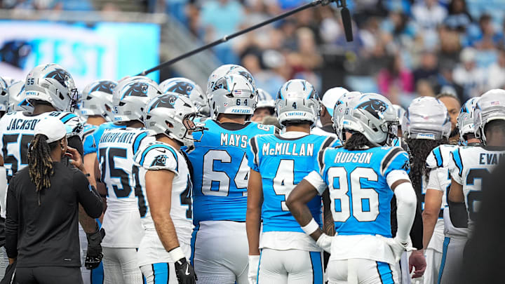 Aug 2, 2025; Charlottle, NC, USA; Carolina Panthers huddle during Fanfest at Bank of America Stadium. Mandatory Credit: Jim Dedmon-Imagn Images