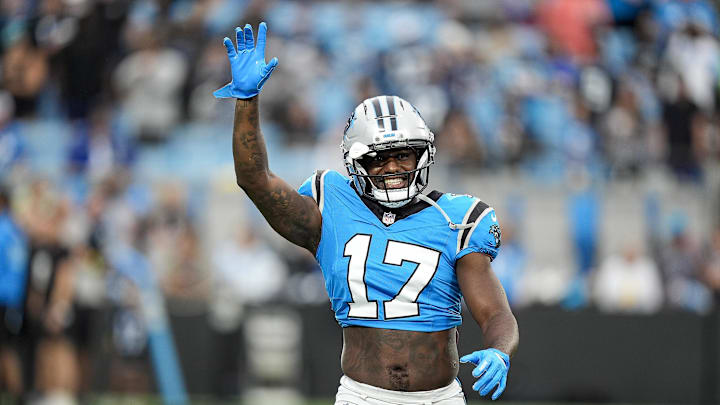 Aug 2, 2025; Charlottle, NC, USA;  Carolina Panthers wide receiver Xavier Legette (17) during Fanfest at Bank of America Stadium. Mandatory Credit: Jim Dedmon-Imagn Images