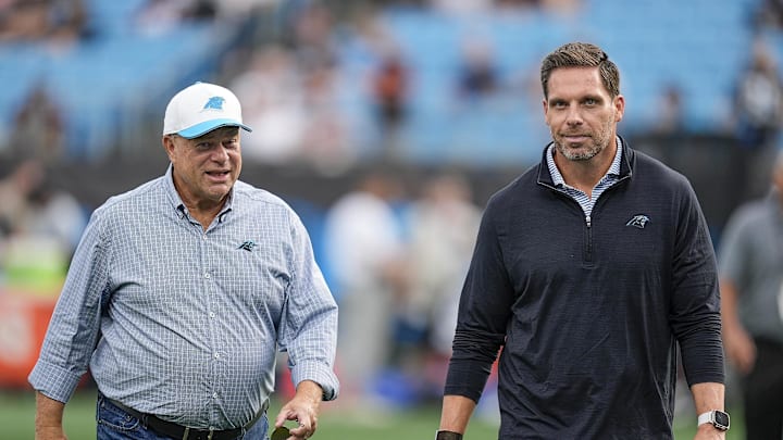 Carolina Panthers team owner David Tepper and General Manager Dan Morgan during the first quarter 