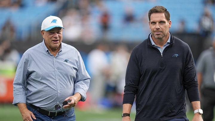 Aug 8, 2025; Charlotte, North Carolina, USA;  Carolina Panthers team owner David Tepper and General Manager Dan Morgan during the first quarter between the Carolina Panthers and the Cleveland Browns at Bank of America Stadium. Mandatory Credit: Jim Dedmon-Imagn Images
