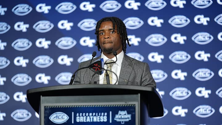 Jul 23, 2025; Charlotte, NC, USA; Georgia Tech wide reciever Malik Rutherford answers questions from the media during ACC Media days at Hilton Charlotte Uptown. Mandatory Credit: Jim Dedmon-Imagn Images