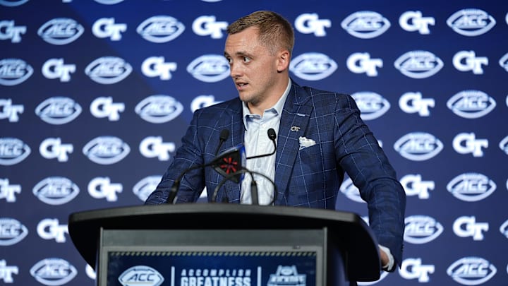 Jul 23, 2025; Charlotte, NC, USA; Georgia Tech quarterback Haynes King answers questions from the media during ACC Media days at Hilton Charlotte Uptown. Mandatory Credit: Jim Dedmon-Imagn Images