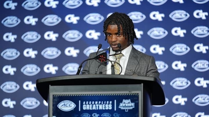 Jul 23, 2025; Charlotte, NC, USA; Georgia Tech wide reciever Malik Rutherford answers questions from the media during ACC Media days at Hilton Charlotte Uptown. Mandatory Credit: Jim Dedmon-Imagn Images Jul 23, 2025; Charlotte, NC, USA; Georgia Tech wide reciever Malik Rutherford answers questions from the media during ACC Media days at Hilton Charlotte Uptown. Mandatory Credit: Jim Dedmon-Imagn Images