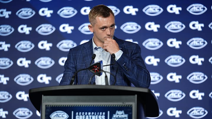 Jul 23, 2025; Charlotte, NC, USA; Georgia Tech quarterback Haynes King answers questions from the media during ACC Media days at Hilton Charlotte Uptown. Mandatory Credit: Jim Dedmon-Imagn Images