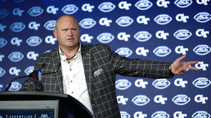 Jul 23, 2025; Charlotte, NC, USA; Georgia Tech Head Coach Brent Key answers questions from the media during ACC Media days at Hilton Charlotte Uptown. Mandatory Credit: Jim Dedmon-Imagn Images