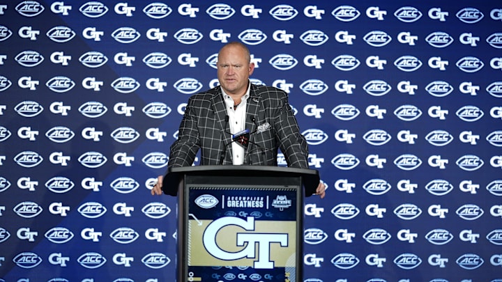 Jul 23, 2025; Charlotte, NC, USA; Georgia Tech Head Coach Brent Key answers questions from the media during ACC Media days at Hilton Charlotte Uptown. Mandatory Credit: Jim Dedmon-Imagn Images
