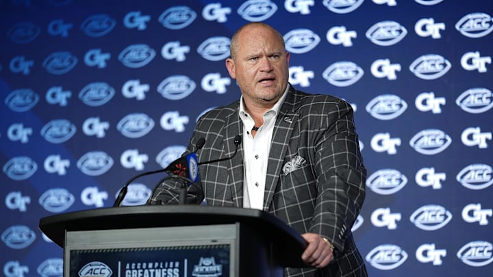 Jul 23, 2025; Charlotte, NC, USA; Georgia Tech Head Coach Brent Key answers questions from the media during ACC Media days at Hilton Charlotte Uptown. Mandatory Credit: Jim Dedmon-Imagn Images