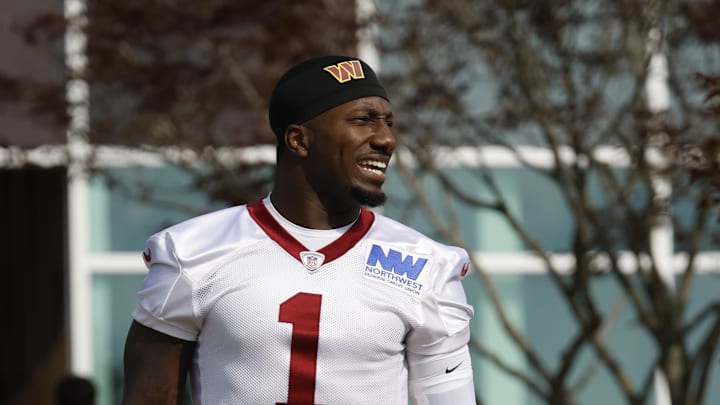 Jul 23, 2025; Ashburn, VA, USA; Washington Commanders wide receiver Deebo Samuel Sr. (1) walks out of team headquarters onto the fields prior to practice on day one of training camp at OrthoVirginia Training Center at Commanders Park. Mandatory Credit: Geoff Burke-Imagn Images