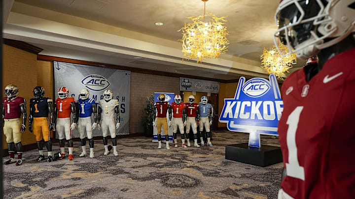 Jul 22, 2025; Charlotte, NC, USA; Signage and uniforms during ACC Media Days at Hilton Charlotte Uptown. Mandatory Credit: Jim Dedmon-Imagn Images