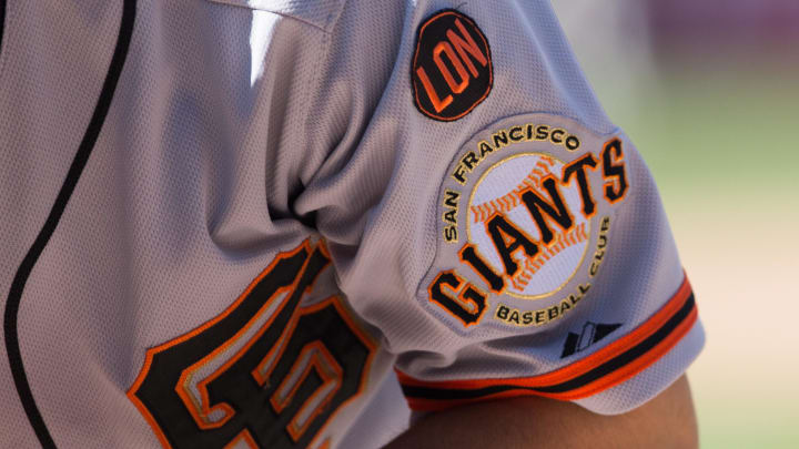 Jun 7, 2015; Philadelphia, PA, USA; The logos of the San Francisco Giants on a uniform in a game against the Philadelphia Phillies at Citizens Bank Park. The San Francisco Giants won 6-4. 