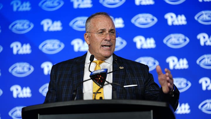 Jul 23, 2025; Charlotte, NC, USA; Pittsburgh Head Coach Pat Narduzzi answers questions from the media during ACC Media days at Hilton Charlotte Uptown. Mandatory Credit: Jim Dedmon-Imagn Images
