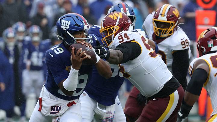 Oct 11, 2026; Landover, Maryland, USA; New York Giants quarterback Jameis Winston (19) scrambles from Washington Commanders defensive tackle Daron Payne (94) at Northwest Stadium. Mandatory Credit: Geoff Burke-Imagn Images Oct 11, 2026; Landover, Maryland, USA; New York Giants quarterback Jameis Winston (19) scrambles from Washington Commanders defensive tackle Daron Payne (94) at Northwest Stadium. Mandatory Credit: Geoff Burke-Imagn Images