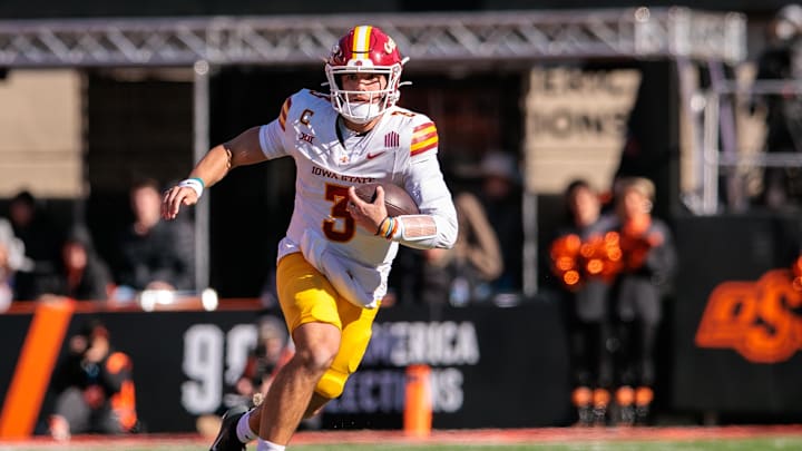 Nov 29, 2025; Stillwater, Oklahoma, USA; Iowa State Cyclones quarterback Rocco Becht (3) runs during the second half against the Oklahoma State Cowboys at Boone Pickens Stadium. Mandatory Credit: William Purnell-Imagn Images