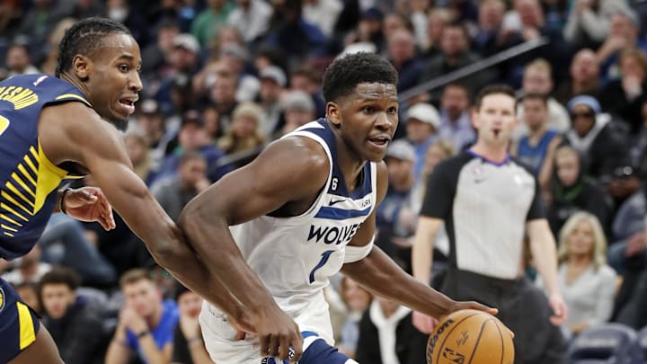 Dec 7, 2022; Minneapolis, Minnesota, USA; Minnesota Timberwolves forward Anthony Edwards (1) moves
