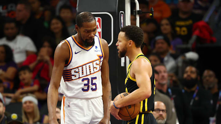 Nov 22, 2023; Phoenix, Arizona, USA; Phoenix Suns forward Kevin Durant (35) talks to Golden State