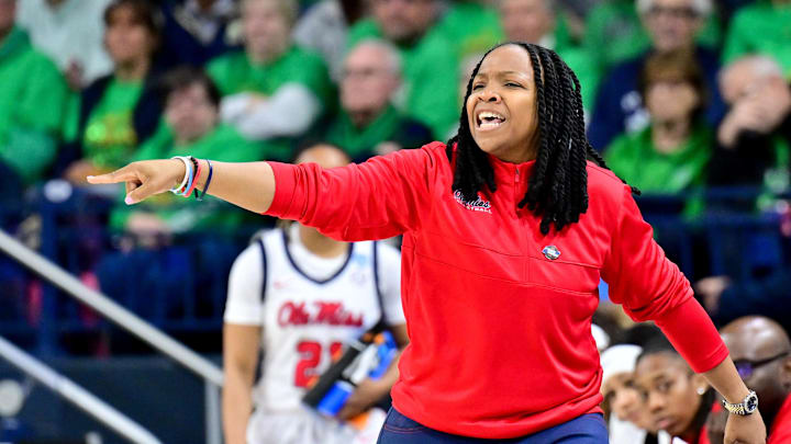 Mar 23, 2024; South Bend, Indiana, USA; Ole Miss Rebels head coach Yolett McPhee-McCuin yells to her players in the first half against the Marquette Golden Eagles at the Purcell Pavilion. Mandatory Credit: Matt Cashore-Imagn Images