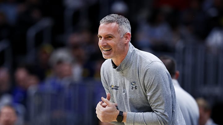 March 20, 2025; Denver, CO, USA; UC San Diego Tritons head coach Eric Olen reacts during the second half against the Michigan Wolverines at Ball Arena. Mandatory Credit: Isaiah J. Downing-Imagn Images