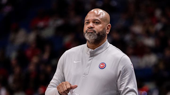 Jan 21, 2026; New Orleans, Louisiana, USA;  Detroit Pistons Head Coach J.B. Bickerstaff looks on against the New Orleans Pelicans during the first half at Smoothie King Center. Mandatory Credit: Stephen Lew-Imagn Images