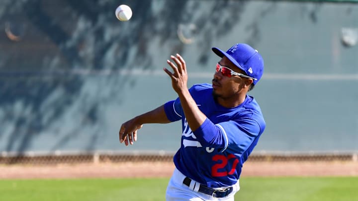 Feb 18, 2020; Glendale, Arizona, USA;  Los Angeles Dodgers outfielder Terrance Gore catches a ball during a workout at Camelback Ranch.  Mandatory Credit: Matt Kartozian-Imagn Images