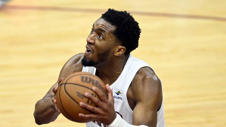 May 11, 2024; Cleveland, Ohio, USA; Cleveland Cavaliers guard Donovan Mitchell (45) controls the